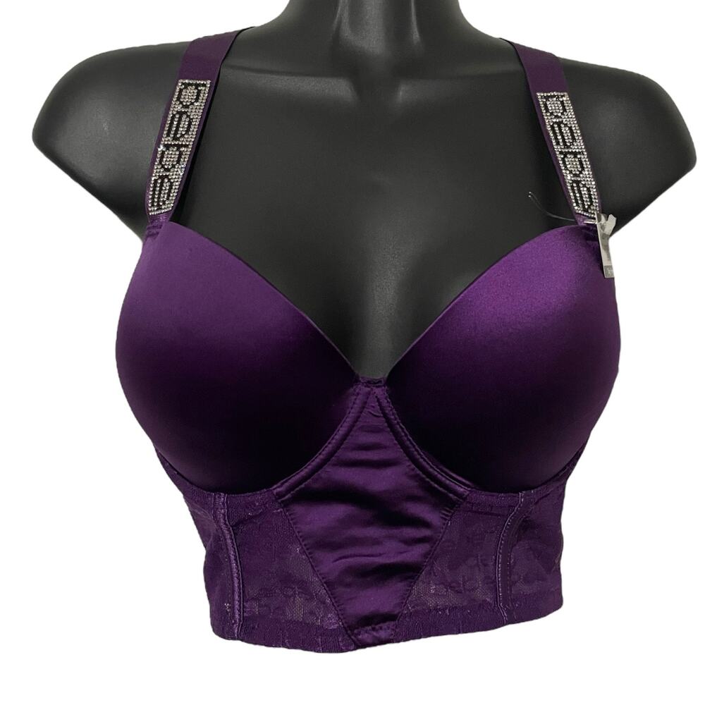 Bebe Womens Bra Size 34C Push Up Longline Bra Rhinstone Adjustable Straps Purple